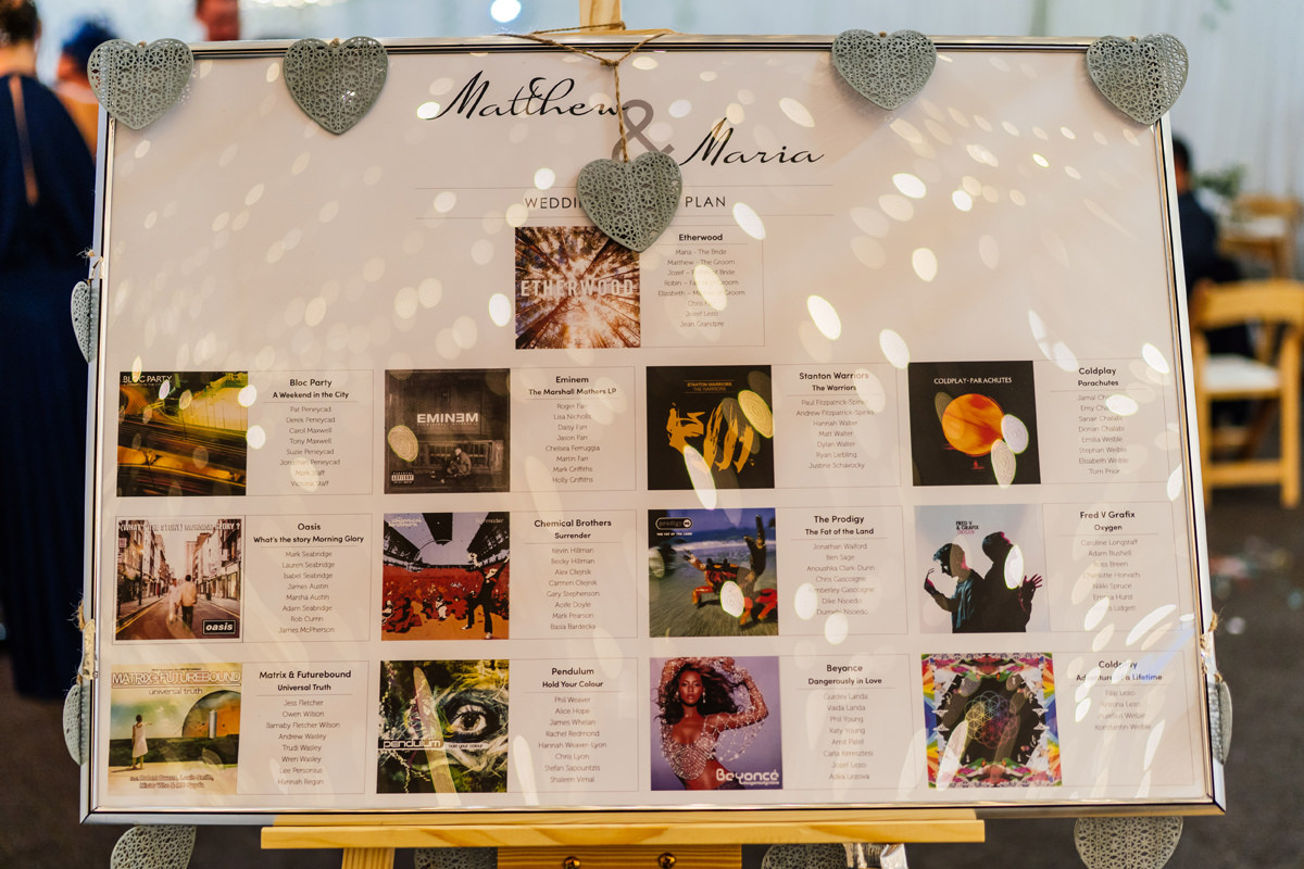 wedding table plan with favourite album artwork and names