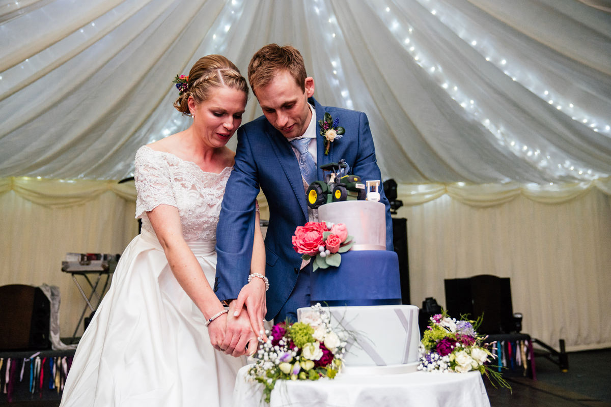 bride and groom cut the wedding cake