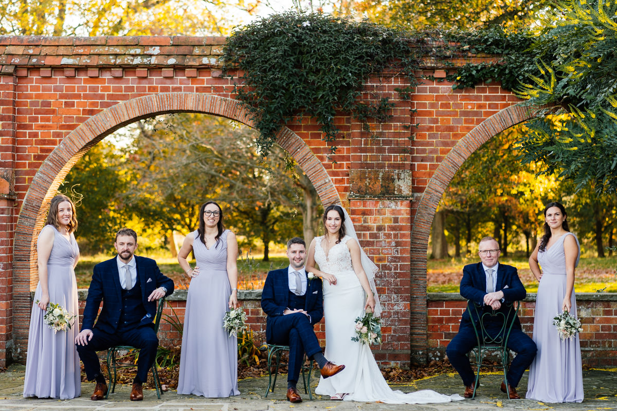 Formal group photo of bridal party at Oxfordshire wedding