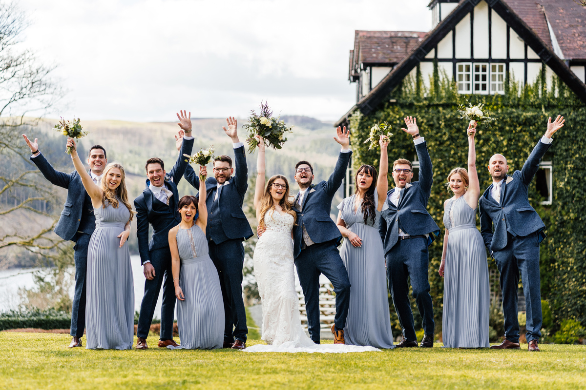 full bride party group photo at Lake Vyrnwy Hotel Wedding